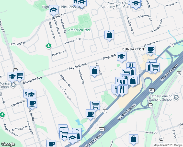 map of restaurants, bars, coffee shops, grocery stores, and more near 501 Sundown Crescent in Pickering