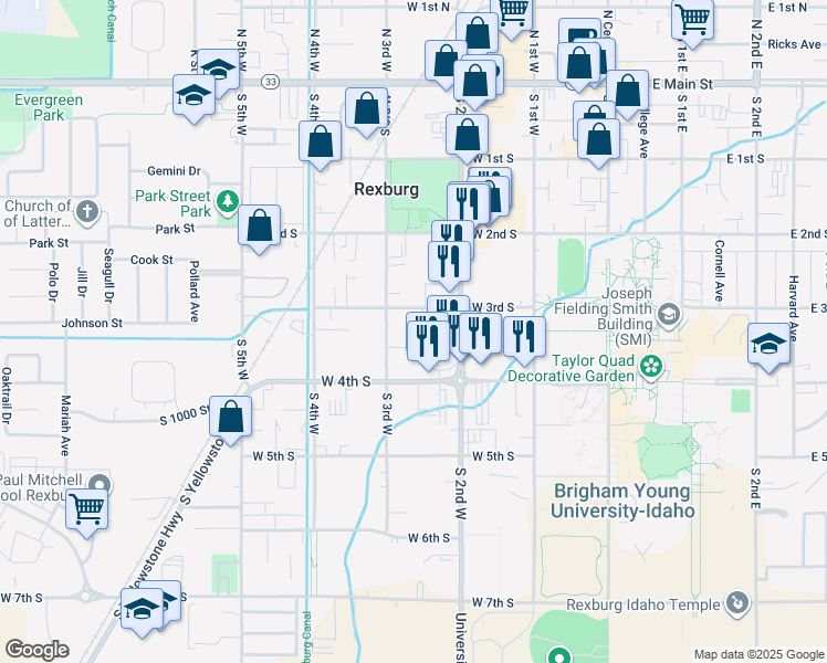 map of restaurants, bars, coffee shops, grocery stores, and more near 313 South 3rd West in Rexburg