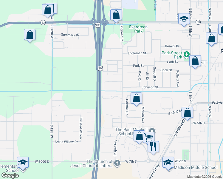 map of restaurants, bars, coffee shops, grocery stores, and more near 2300 South 1500 West in Rexburg