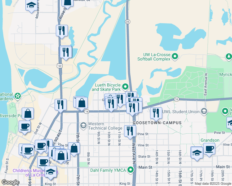 map of restaurants, bars, coffee shops, grocery stores, and more near 730 10th Street North in La Crosse