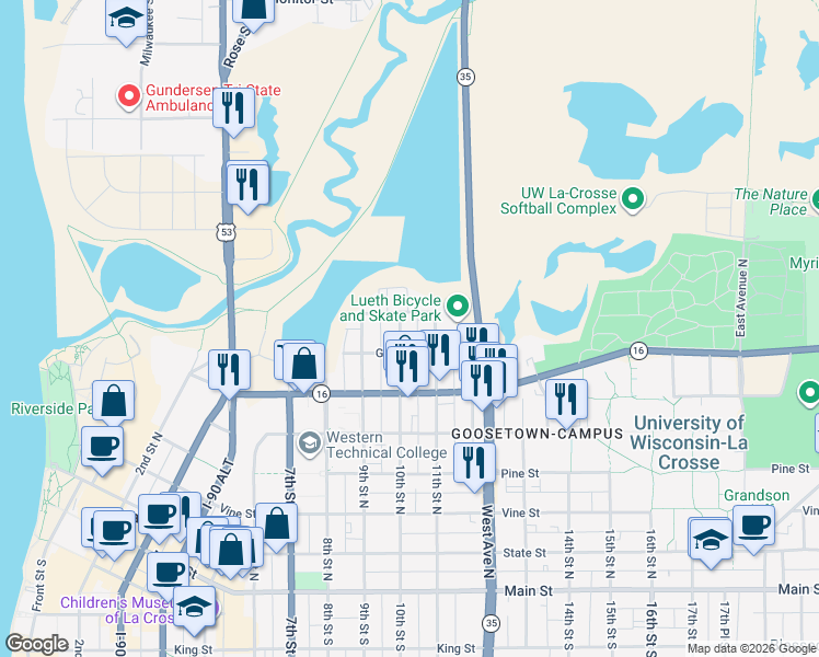 map of restaurants, bars, coffee shops, grocery stores, and more near 730 10th Street North in La Crosse