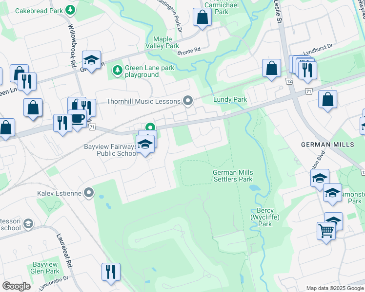map of restaurants, bars, coffee shops, grocery stores, and more near 12 Pine Knoll Gate in Markham