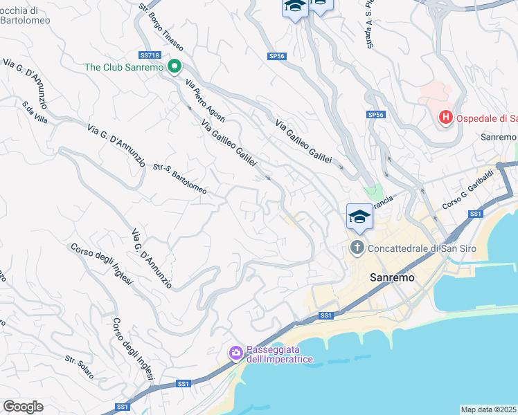 map of restaurants, bars, coffee shops, grocery stores, and more near 4 Via Edmondo de Amicis in Sanremo