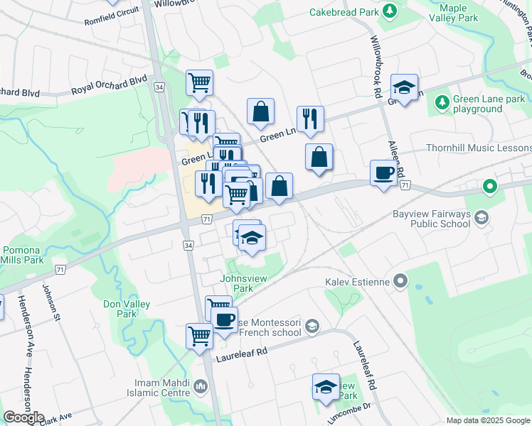 map of restaurants, bars, coffee shops, grocery stores, and more near 89 Bowman Way in Markham