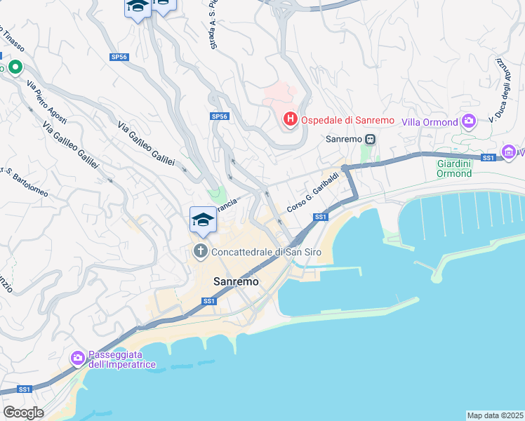 map of restaurants, bars, coffee shops, grocery stores, and more near 21 Piazza Cristoforo Colombo in Sanremo