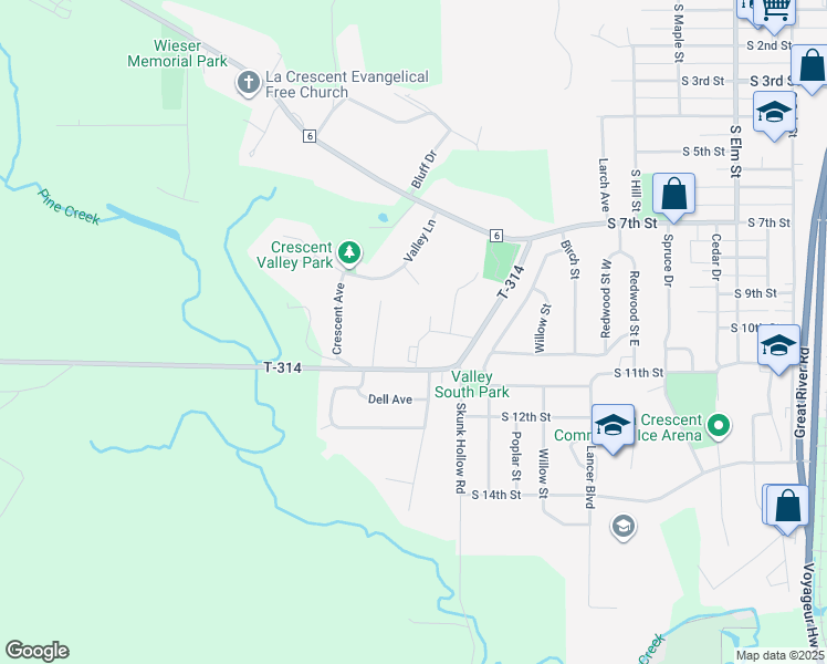 map of restaurants, bars, coffee shops, grocery stores, and more near 1384 County Road 25 in La Crescent