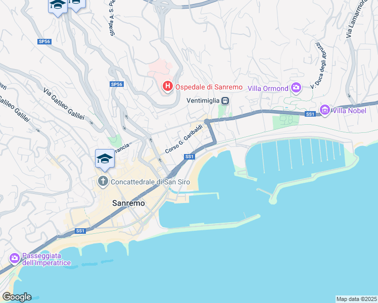 map of restaurants, bars, coffee shops, grocery stores, and more near 82 Corso Giuseppe Garibaldi in Sanremo