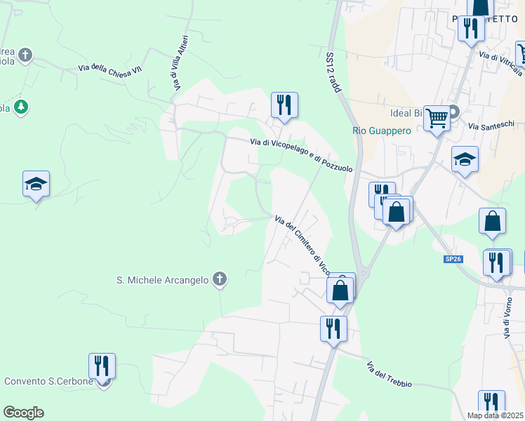 map of restaurants, bars, coffee shops, grocery stores, and more near 573a Via del Cimitero di Vicopelago in Lucca