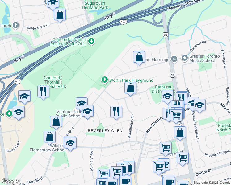 map of restaurants, bars, coffee shops, grocery stores, and more near in Vaughan
