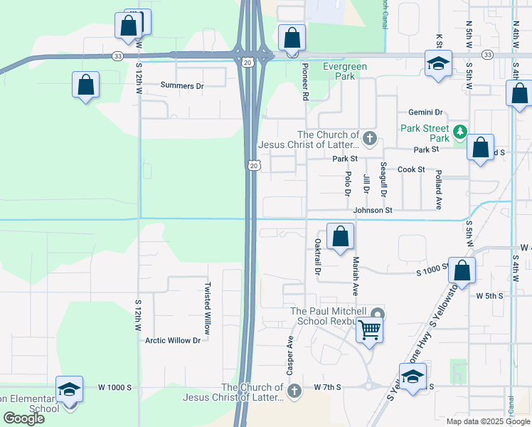 map of restaurants, bars, coffee shops, grocery stores, and more near 2300 South 1500 West in Rexburg