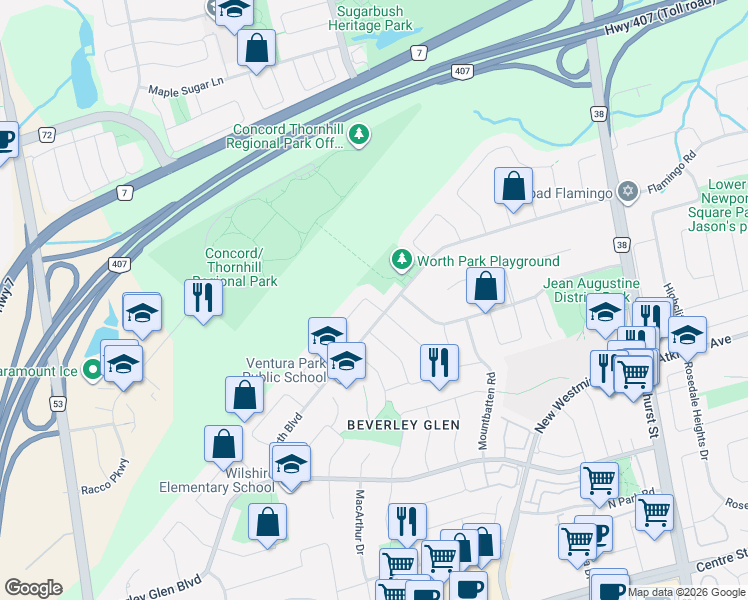 map of restaurants, bars, coffee shops, grocery stores, and more near 144 Rockwood Crescent in Vaughan
