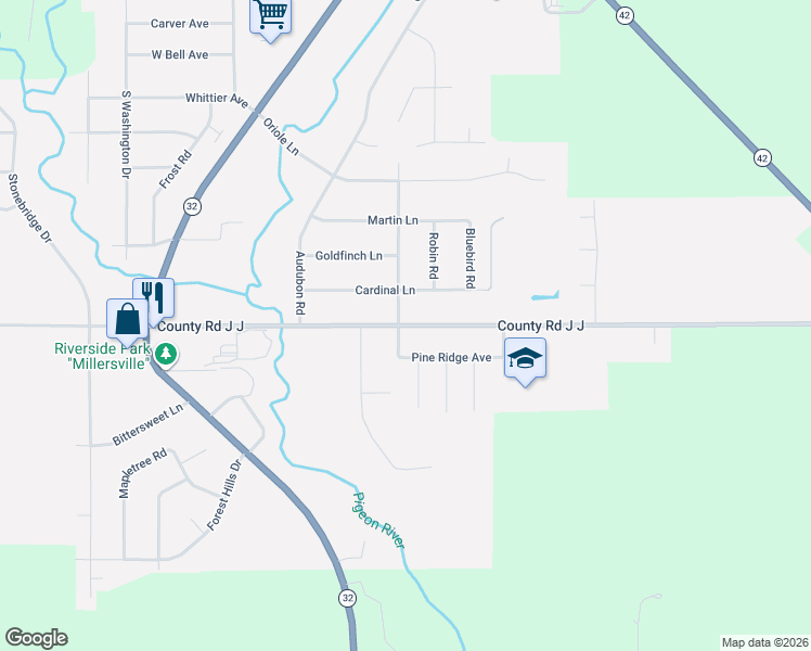 map of restaurants, bars, coffee shops, grocery stores, and more near 1317 Warbler Road in Howards Grove