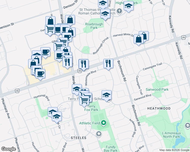 map of restaurants, bars, coffee shops, grocery stores, and more near 113 Sandyhook Square in Toronto