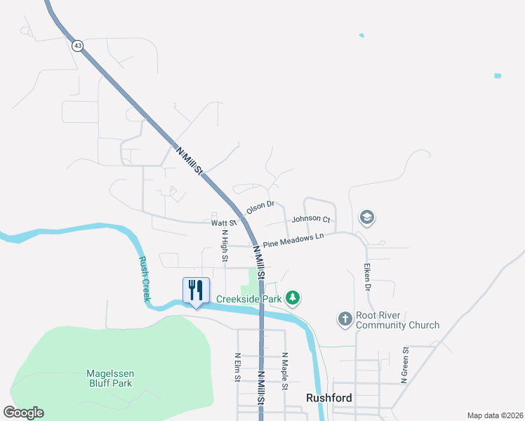 map of restaurants, bars, coffee shops, grocery stores, and more near 780 Olson Drive in Rushford