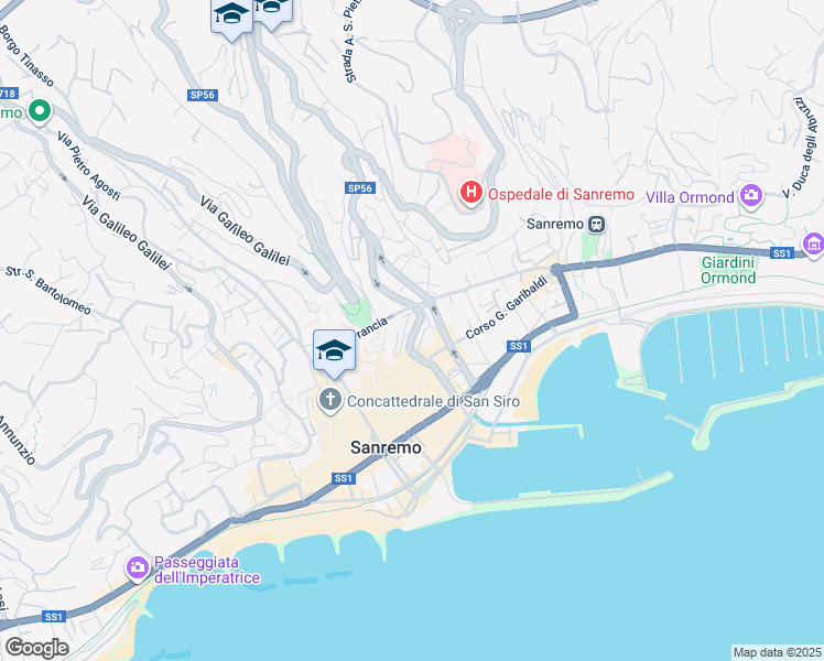map of restaurants, bars, coffee shops, grocery stores, and more near 21 Piazza Cristoforo Colombo in Sanremo