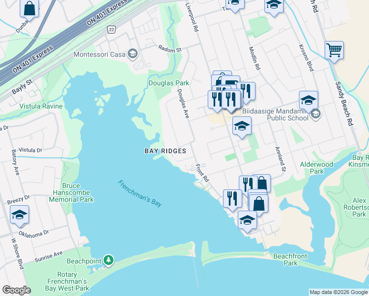 map of restaurants, bars, coffee shops, grocery stores, and more near 1253 Browning Avenue in Pickering