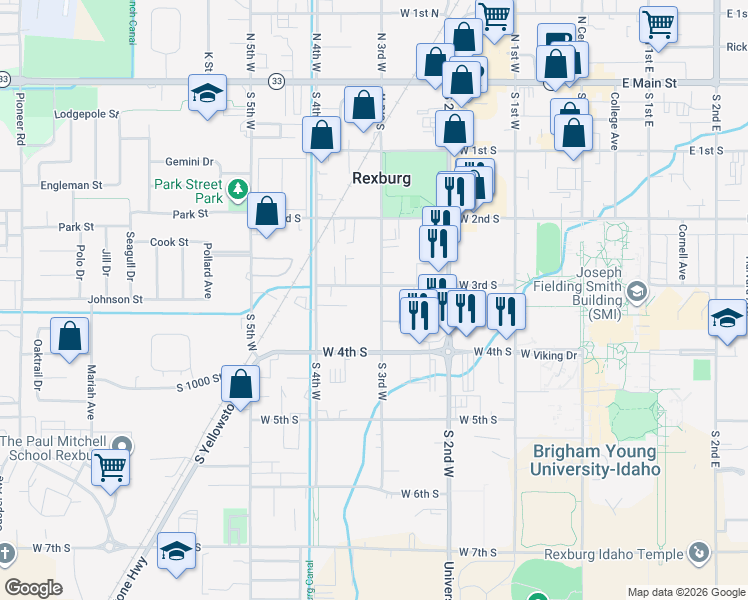 map of restaurants, bars, coffee shops, grocery stores, and more near 327 South 3rd West in Rexburg