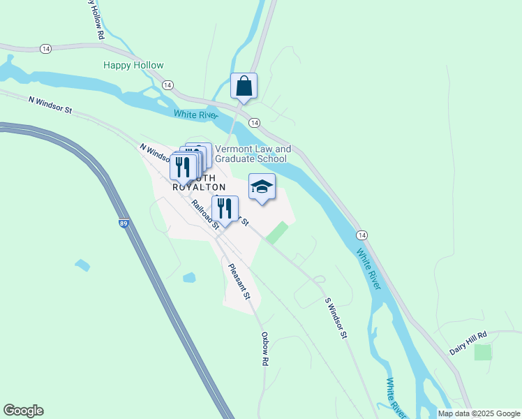 map of restaurants, bars, coffee shops, grocery stores, and more near 223 South Windsor Street in Royalton