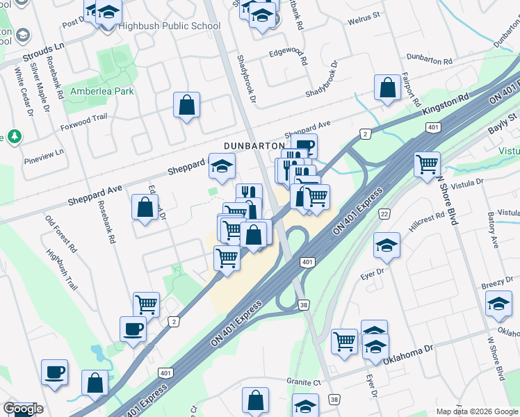 map of restaurants, bars, coffee shops, grocery stores, and more near 1460 Whites Road North in Pickering