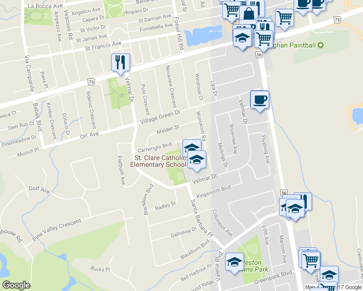 map of restaurants, bars, coffee shops, grocery stores, and more near 53 Cartwright Boulevard in Vaughan