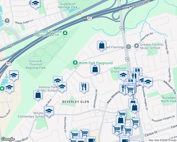 map of restaurants, bars, coffee shops, grocery stores, and more near 145 Renaissance Court in Vaughan
