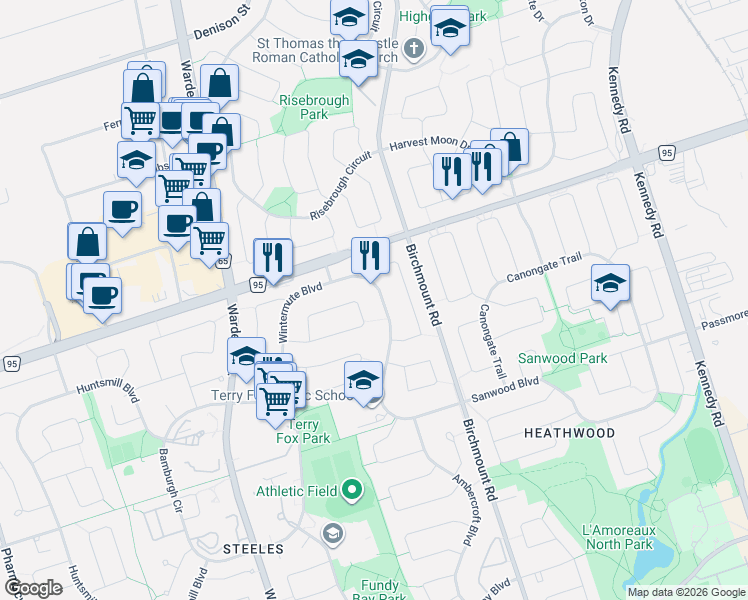 map of restaurants, bars, coffee shops, grocery stores, and more near 113 Wintermute Boulevard in Toronto
