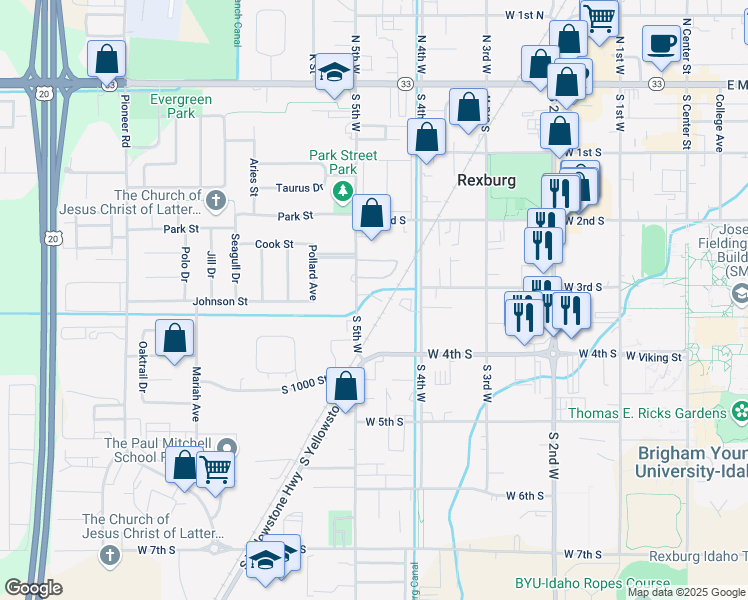 map of restaurants, bars, coffee shops, grocery stores, and more near 309 S 5th W in Rexburg