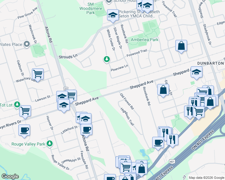 map of restaurants, bars, coffee shops, grocery stores, and more near 422 Sheppard Avenue in Pickering