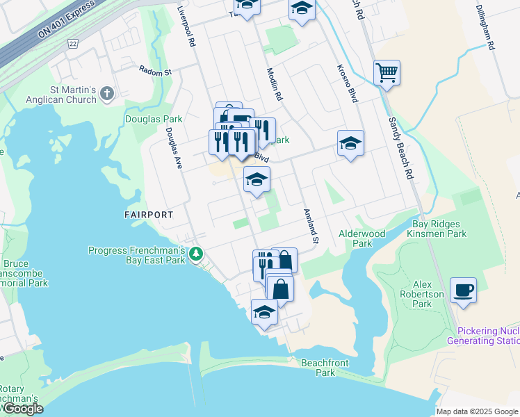 map of restaurants, bars, coffee shops, grocery stores, and more near 1298 Ilona Park Road in Pickering