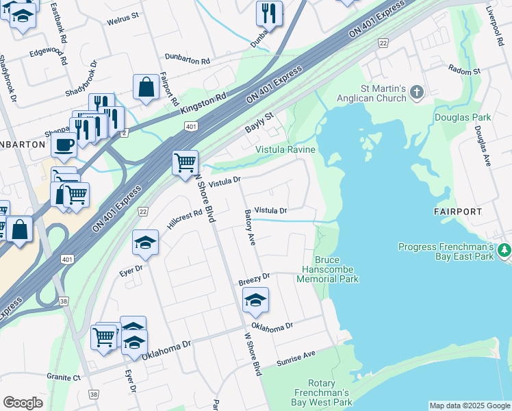 map of restaurants, bars, coffee shops, grocery stores, and more near 848 Batory Avenue in Pickering