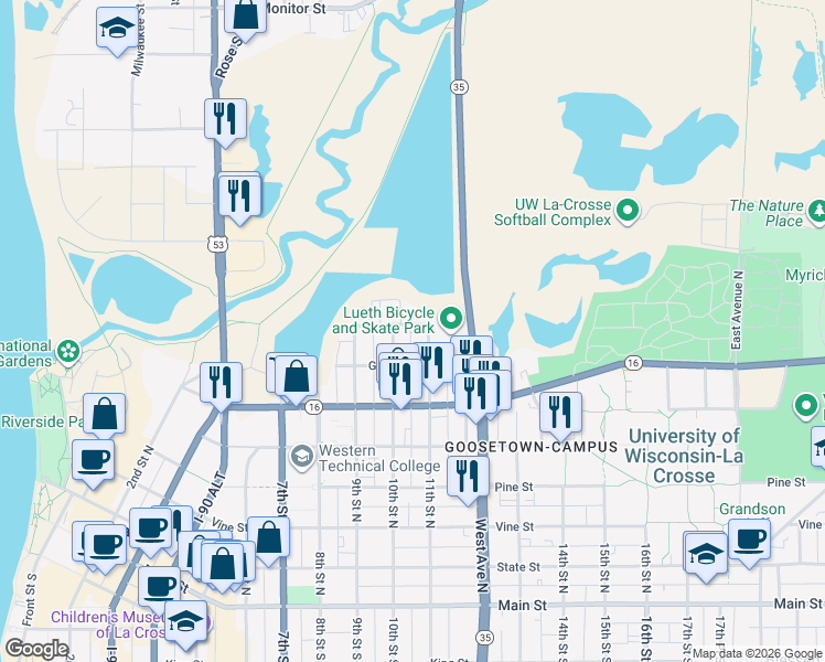 map of restaurants, bars, coffee shops, grocery stores, and more near 730 10th Street North in La Crosse