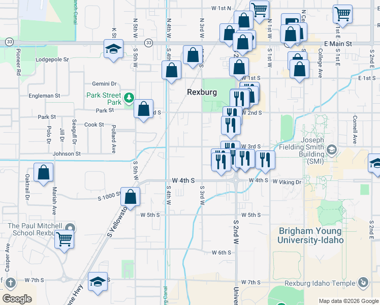 map of restaurants, bars, coffee shops, grocery stores, and more near 327 South 3rd West in Rexburg