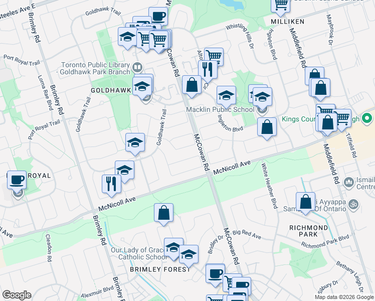 map of restaurants, bars, coffee shops, grocery stores, and more near 40 Alanbull Square in Toronto