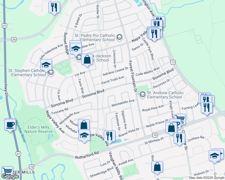 map of restaurants, bars, coffee shops, grocery stores, and more near 251 Sonoma Boulevard in Vaughan