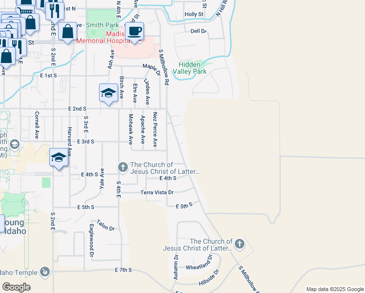 map of restaurants, bars, coffee shops, grocery stores, and more near 315 S Millhollow Rd in Rexburg