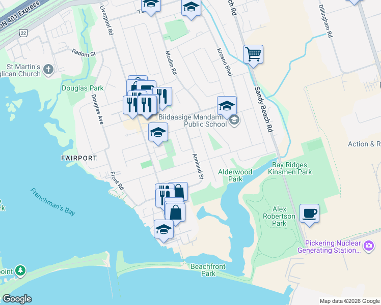 map of restaurants, bars, coffee shops, grocery stores, and more near 706 Annland Street in Pickering