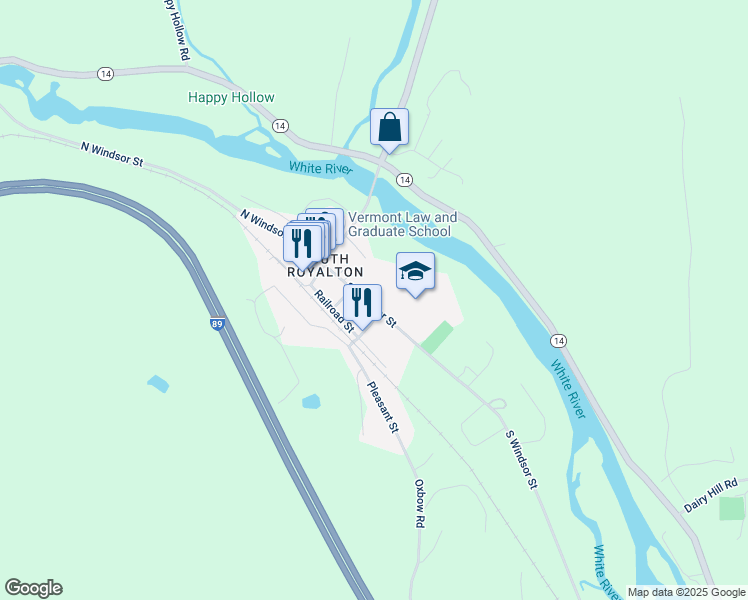 map of restaurants, bars, coffee shops, grocery stores, and more near 145 South Windsor Street in Royalton
