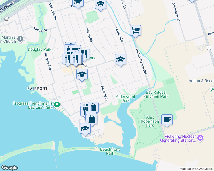 map of restaurants, bars, coffee shops, grocery stores, and more near 710 Balaton Avenue in Pickering