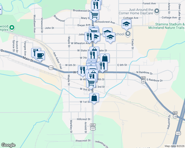 map of restaurants, bars, coffee shops, grocery stores, and more near U.S. 127 Business in Clare