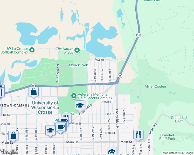 map of restaurants, bars, coffee shops, grocery stores, and more near 724 22nd St N in La Crosse