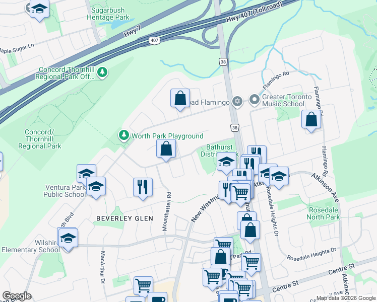 map of restaurants, bars, coffee shops, grocery stores, and more near 110 Westmount Boulevard in Vaughan