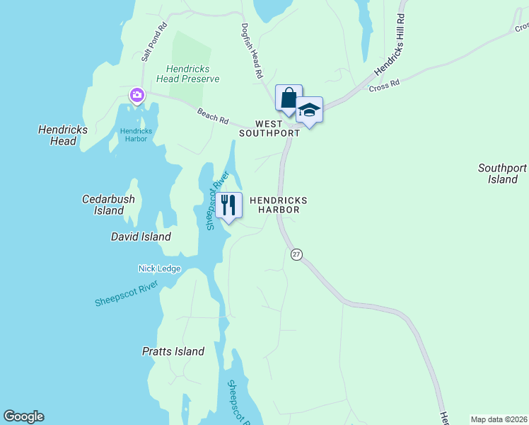 map of restaurants, bars, coffee shops, grocery stores, and more near 495 Maine 27 in Southport