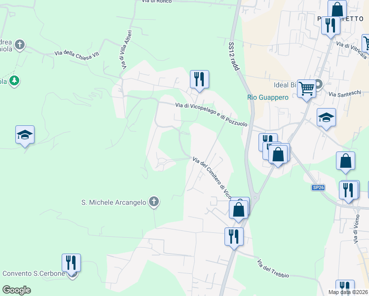 map of restaurants, bars, coffee shops, grocery stores, and more near 676 Via del Cimitero di Vicopelago in Lucca