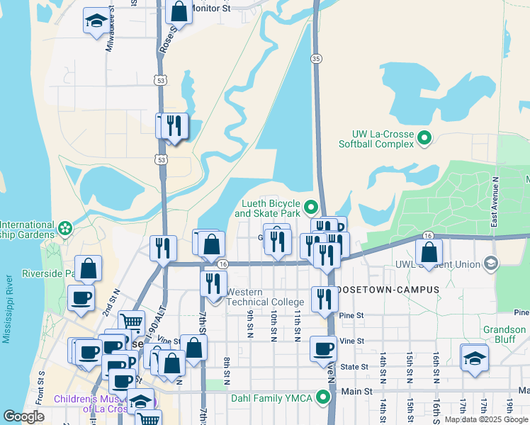 map of restaurants, bars, coffee shops, grocery stores, and more near 910 Zeisler Street in La Crosse