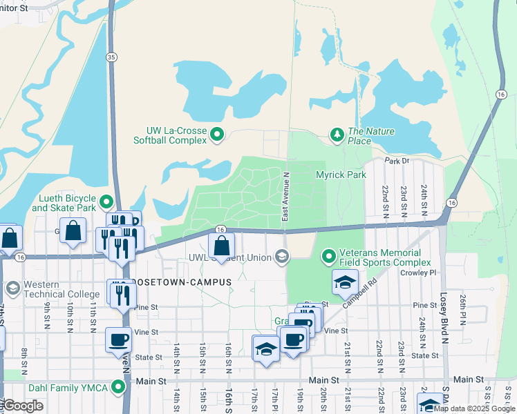 map of restaurants, bars, coffee shops, grocery stores, and more near 1407 La Crosse Street in La Crosse