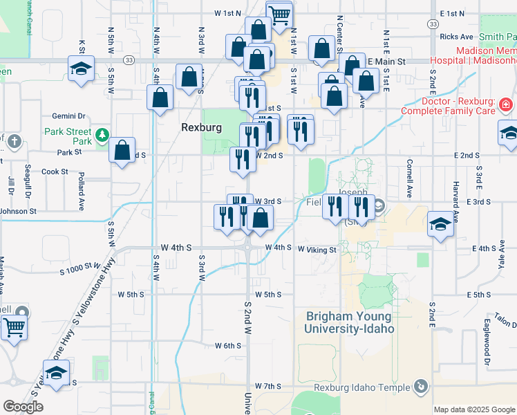 map of restaurants, bars, coffee shops, grocery stores, and more near 175 West 3rd South in Rexburg