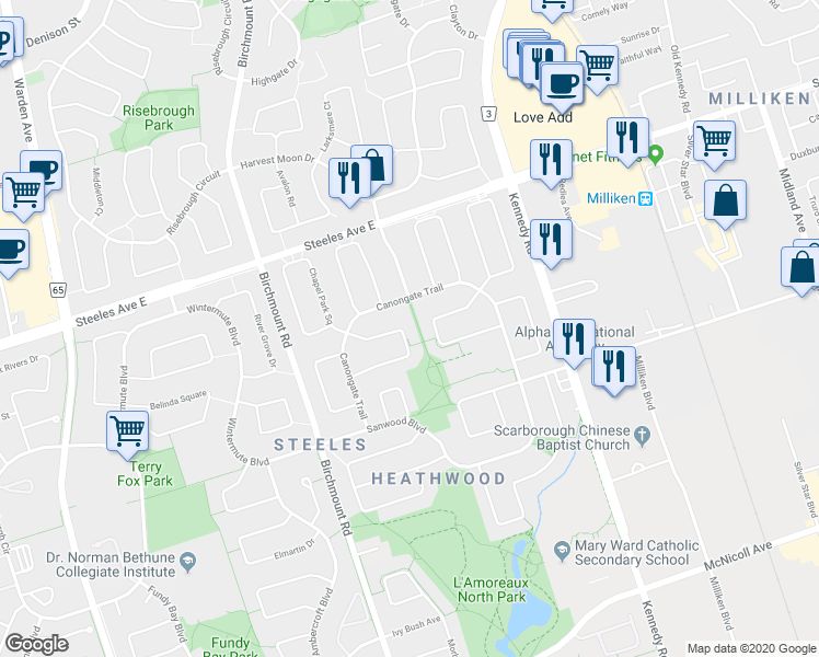 map of restaurants, bars, coffee shops, grocery stores, and more near 61 Coverdale Crescent in Toronto