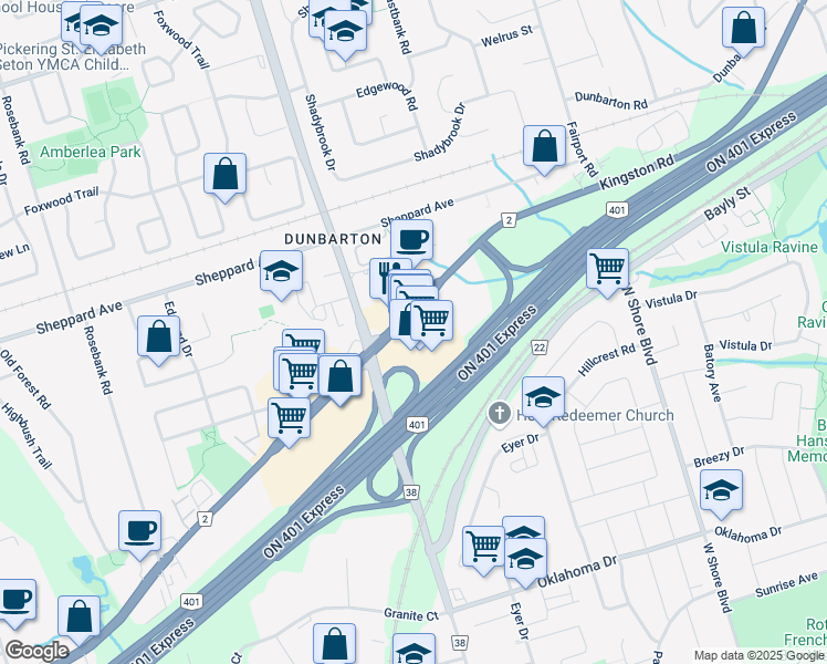 map of restaurants, bars, coffee shops, grocery stores, and more near 705 Kingston Road in Pickering