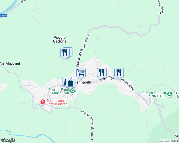 map of restaurants, bars, coffee shops, grocery stores, and more near 1 Via Eda Giardi in Pennabilli