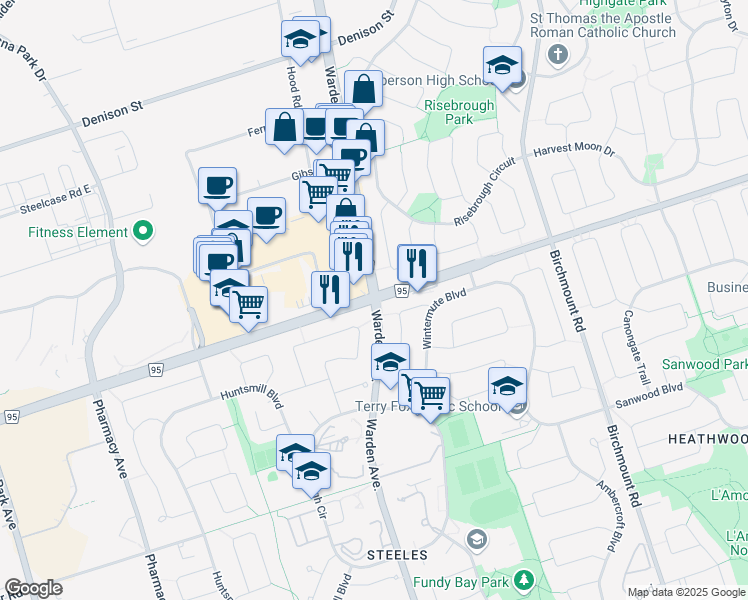 map of restaurants, bars, coffee shops, grocery stores, and more near Warden Ave & Steeles Ave E in Toronto